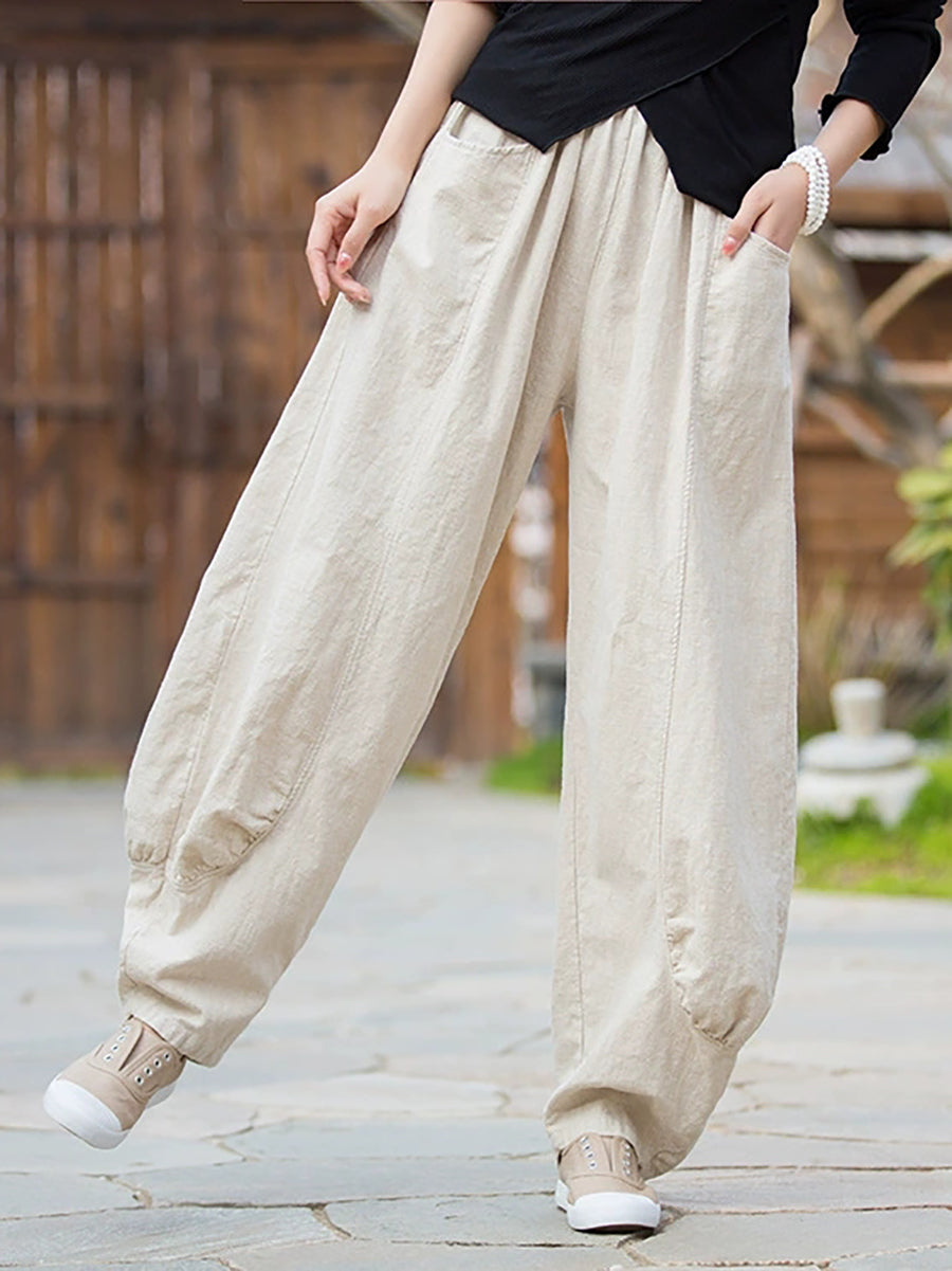Women Winter Retro Pure Color Ramie Bloomers