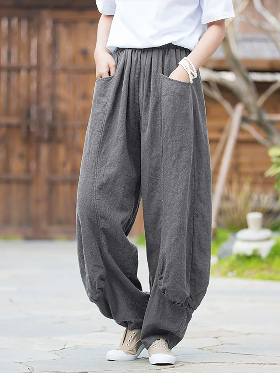 Women Winter Retro Pure Color Ramie Bloomers