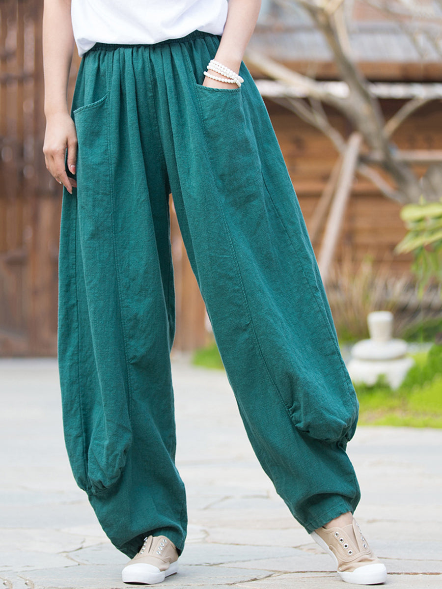 Women Winter Retro Pure Color Ramie Bloomers