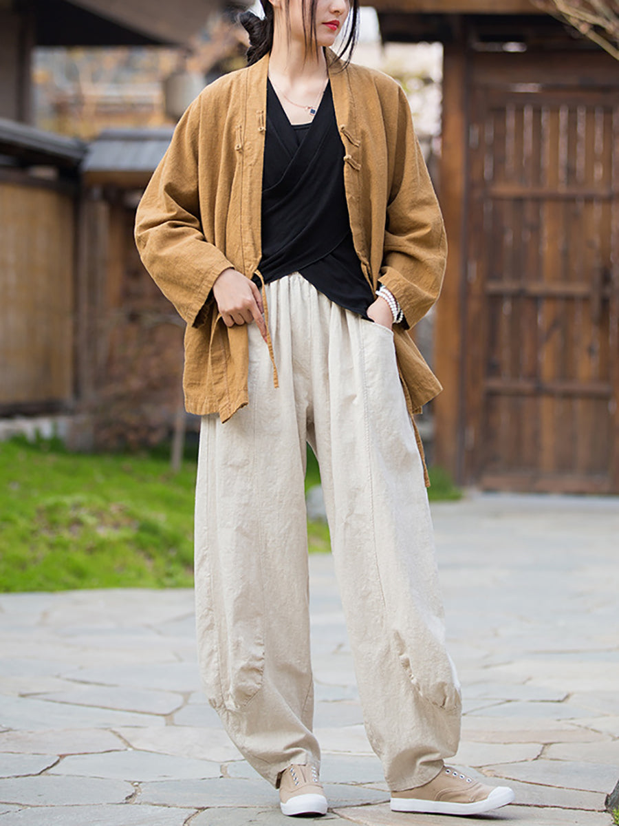 Women Winter Retro Pure Color Ramie Bloomers