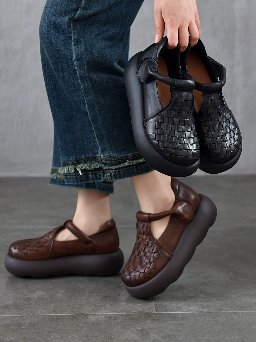 Women Summer Genuine Leather Weave Platform Shoes
