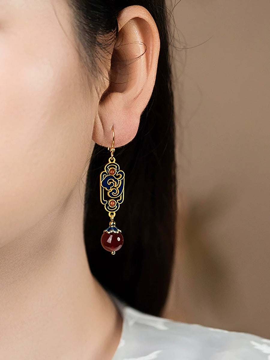 Women Vintage Red Agate Enamel Alloy Earrings