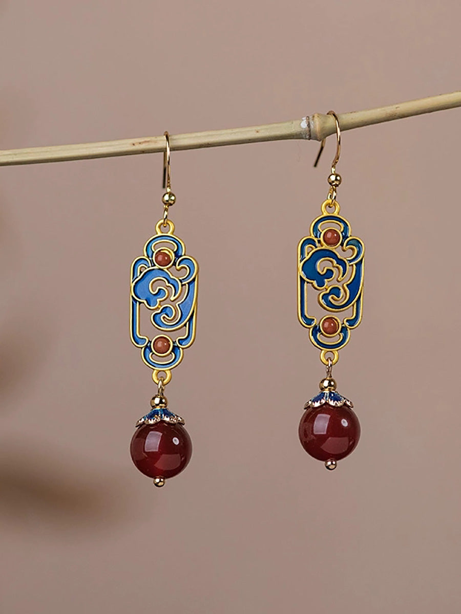 Women Vintage Red Agate Enamel Alloy Earrings