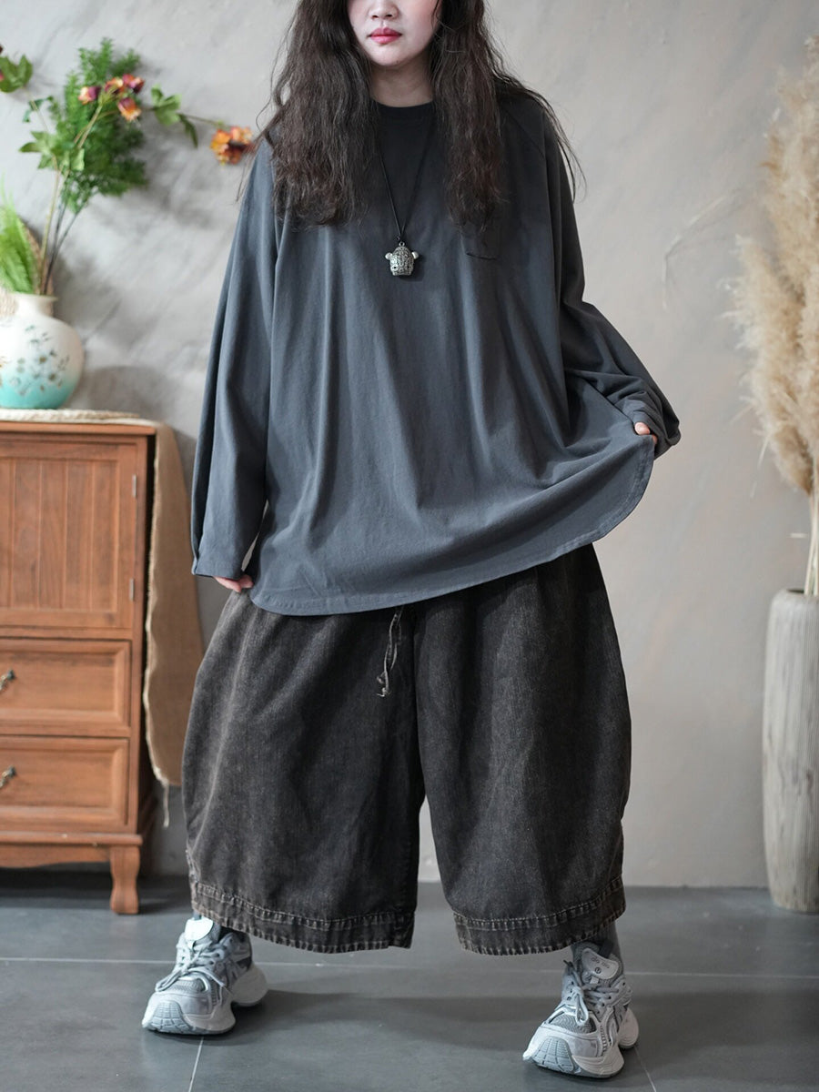 Women Spring Casual Pure Color O-Neck Blouse