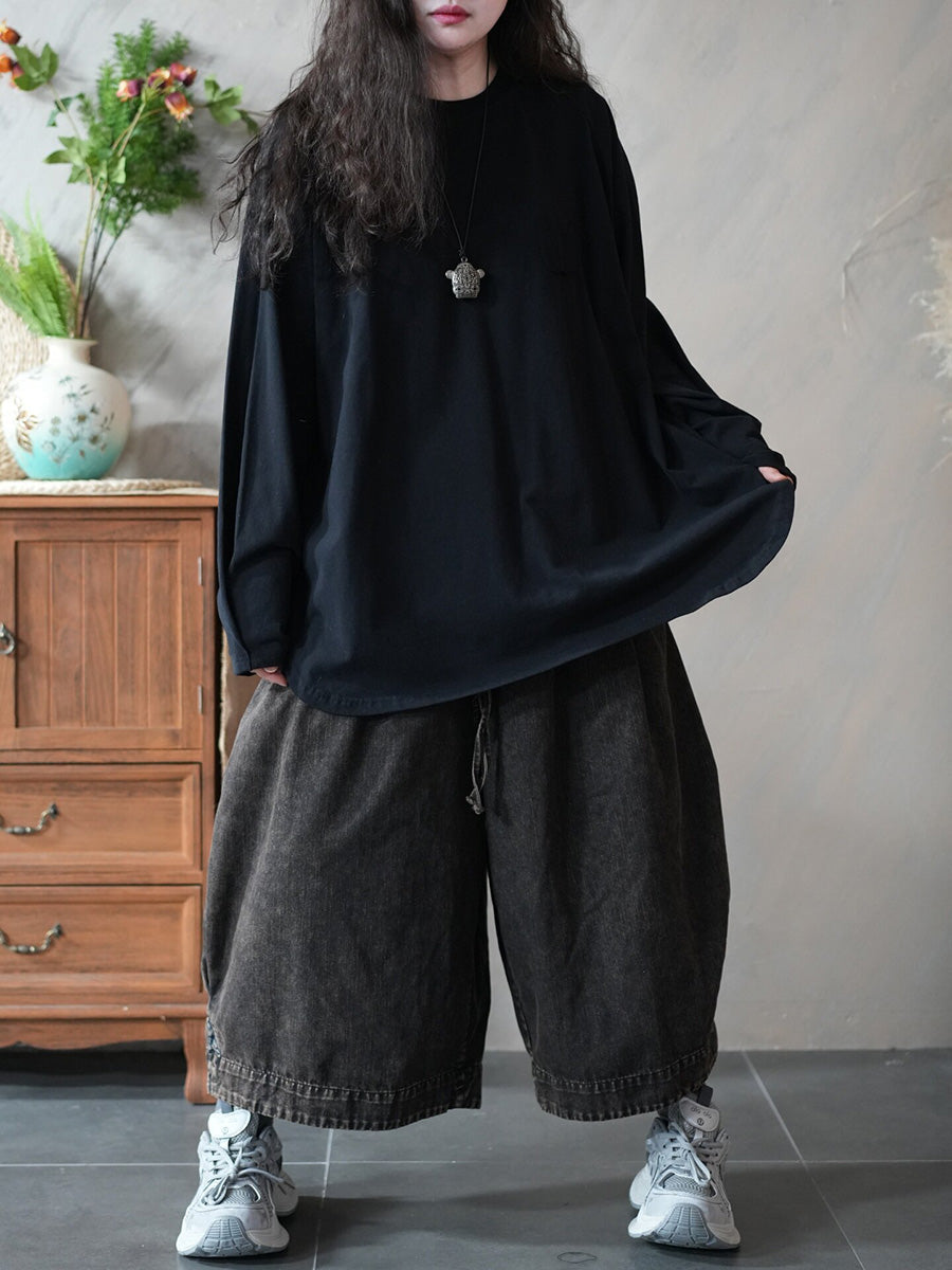 Women Spring Casual Pure Color O-Neck Blouse