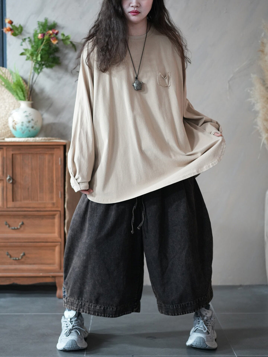 Women Spring Casual Pure Color O-Neck Blouse