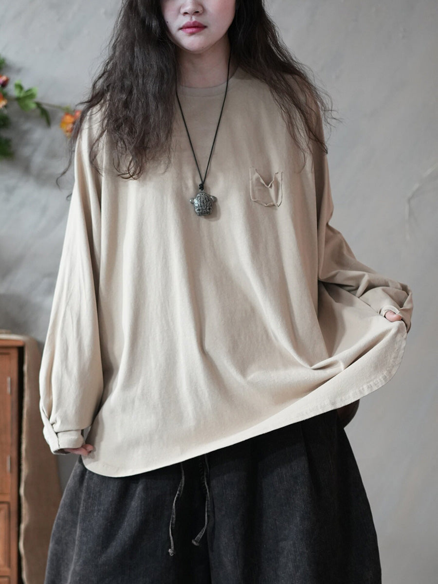 Women Spring Casual Pure Color O-Neck Blouse