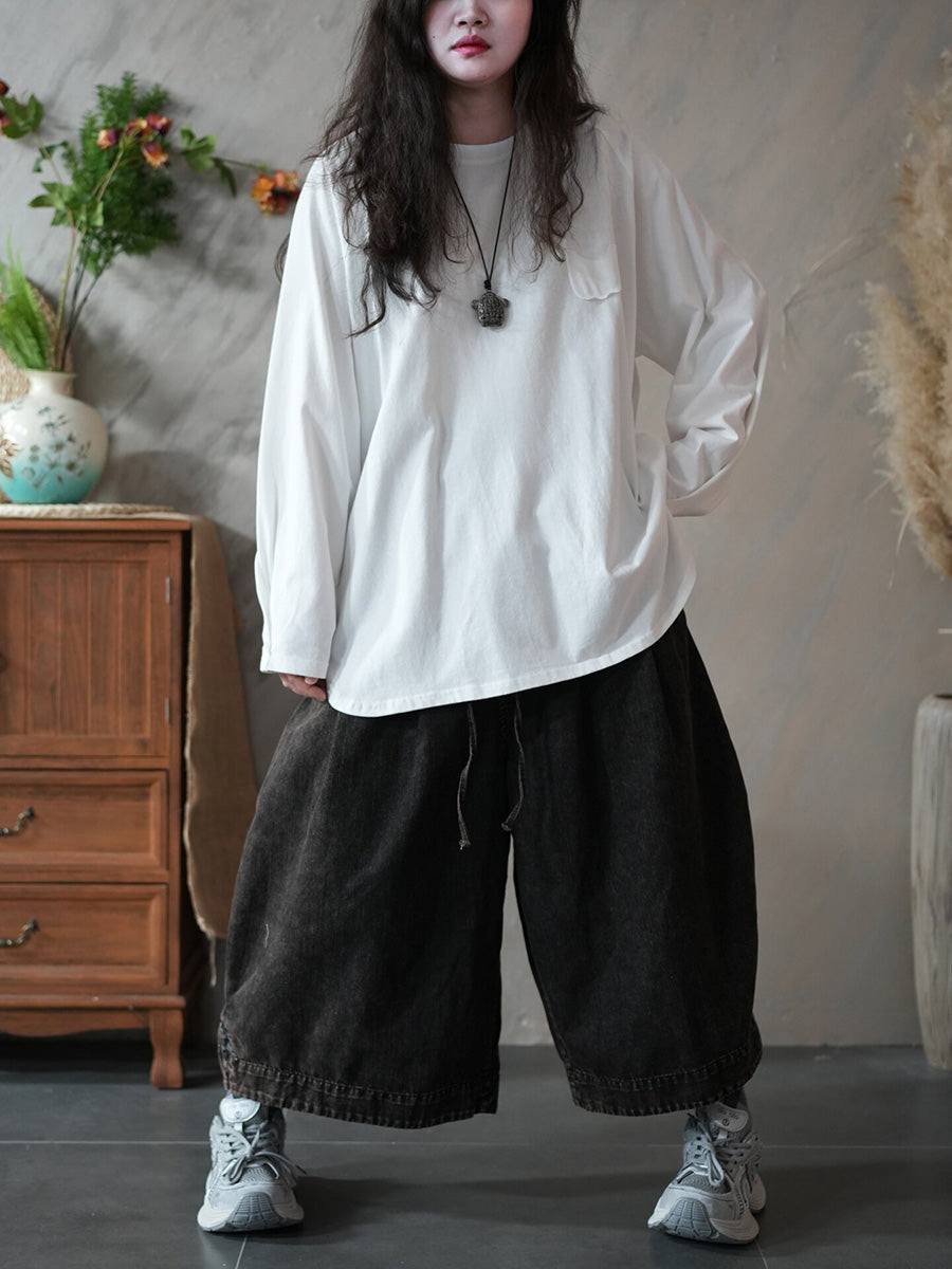 Women Spring Casual Pure Color O-Neck Blouse