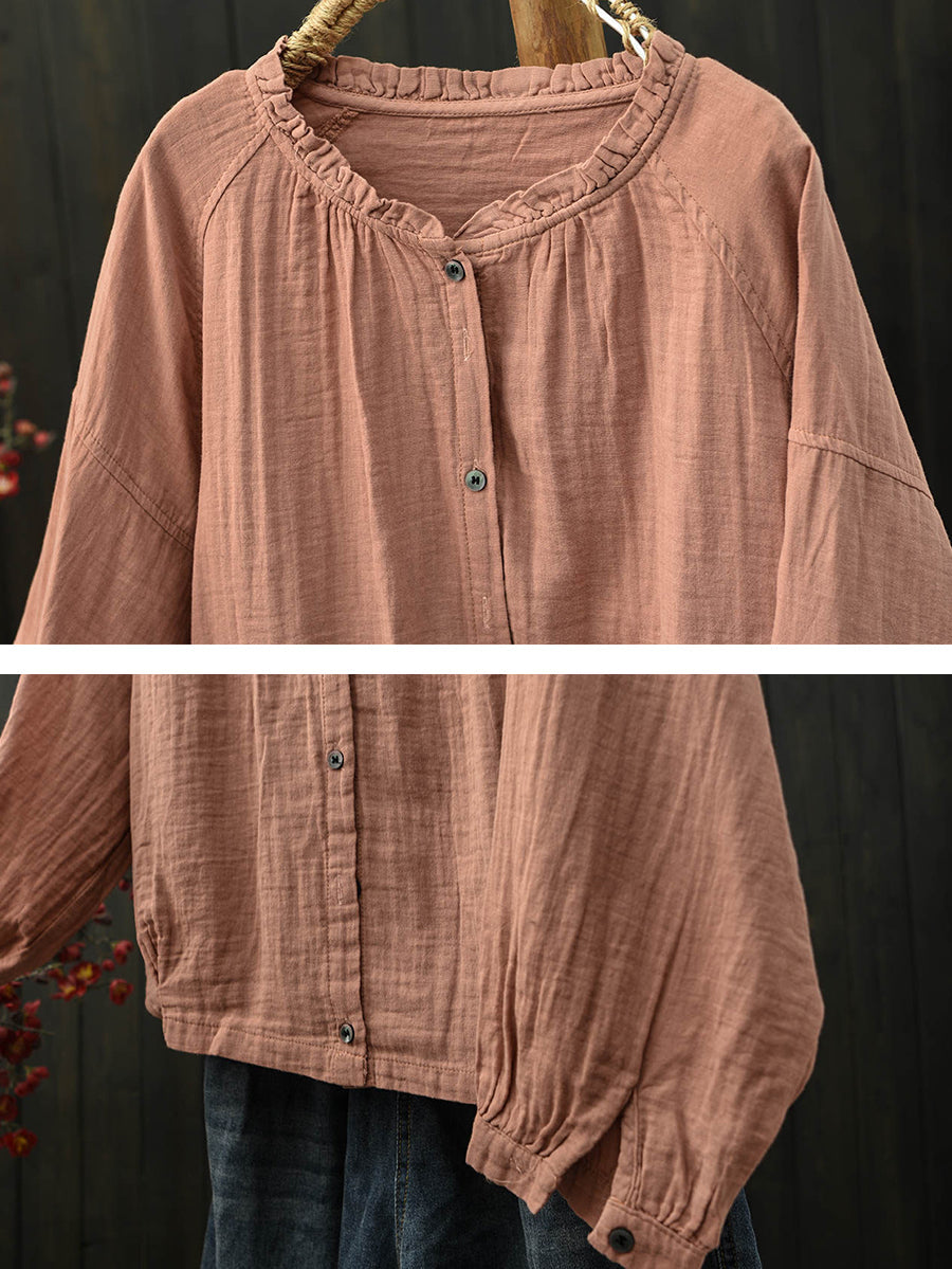 Women Spring Artsy Pure Color Stand Collar Cotton Shirt