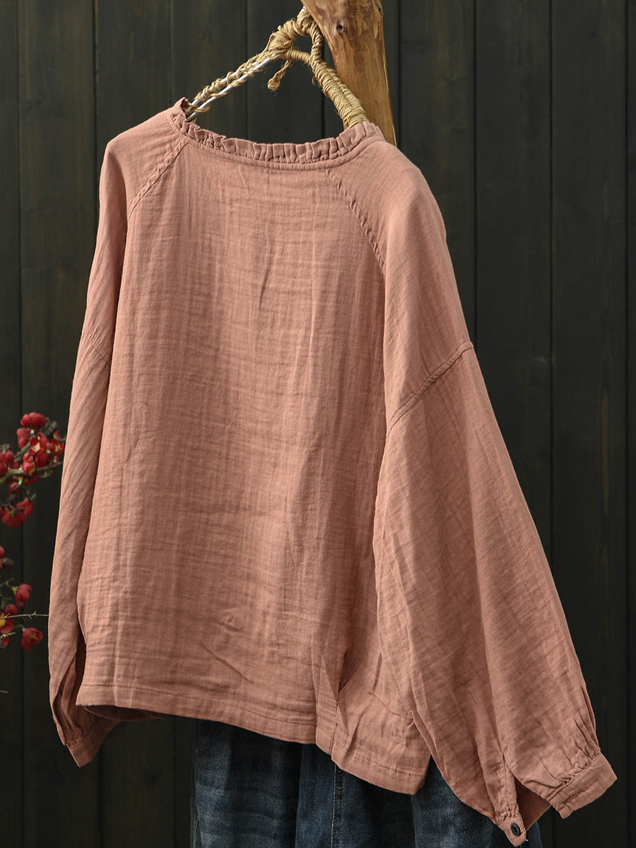 Women Spring Artsy Pure Color Stand Collar Cotton Shirt