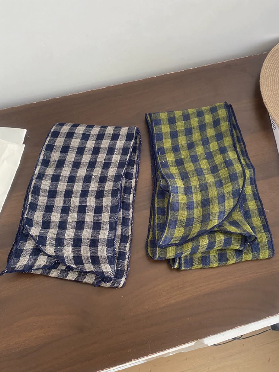 Women Vintage Plaid 100%Linen Thin Scarf
