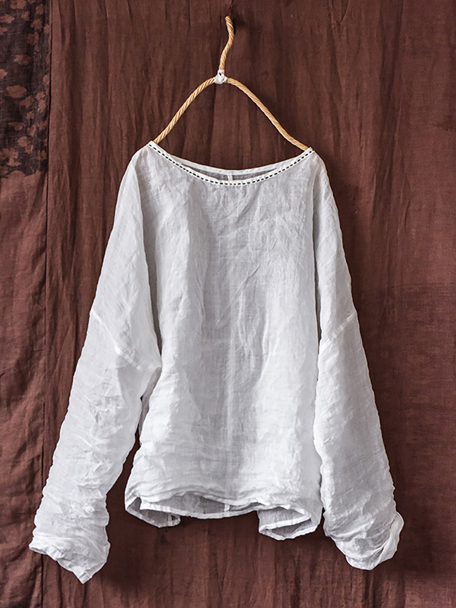 Women Summer Vintage Ramie O-Neck Blouse