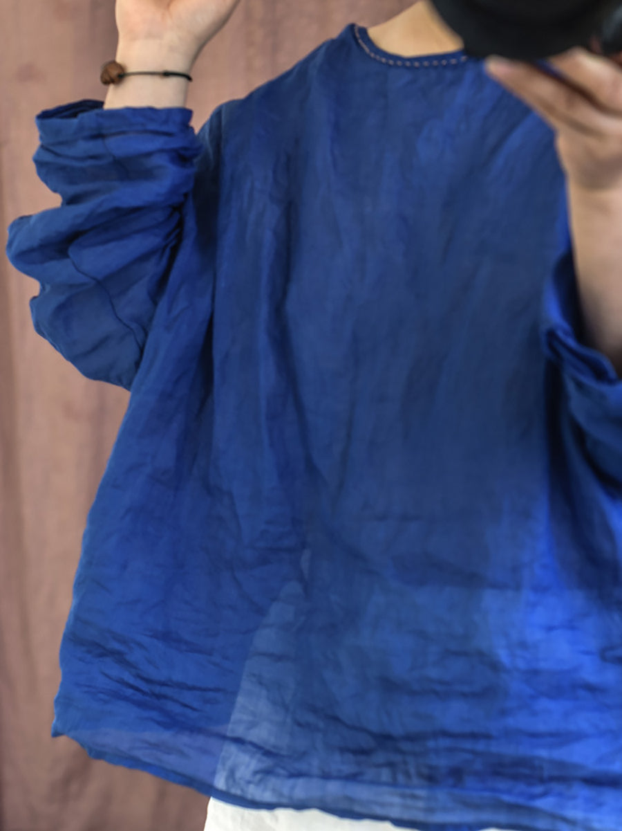 Women Summer Vintage Ramie O-Neck Blouse