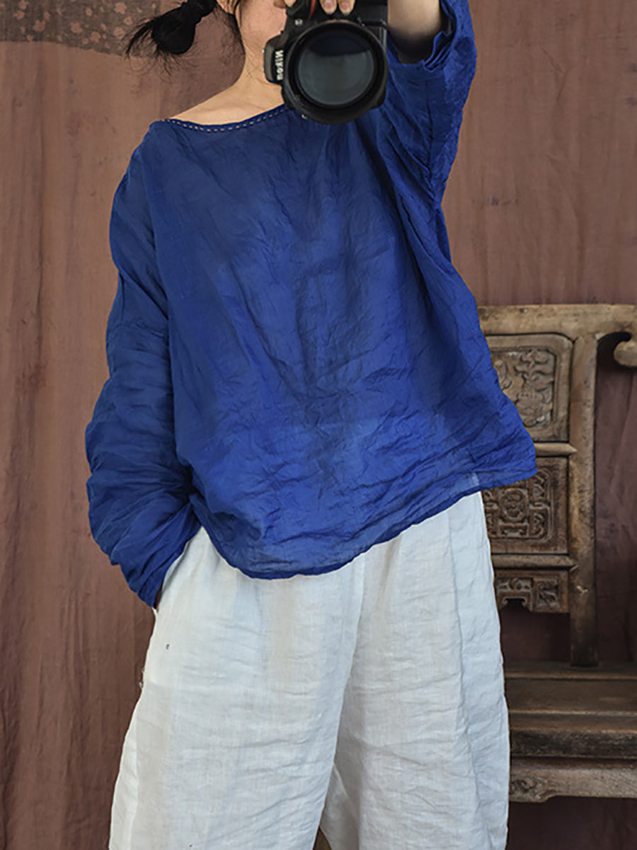 Women Summer Vintage Ramie O-Neck Blouse