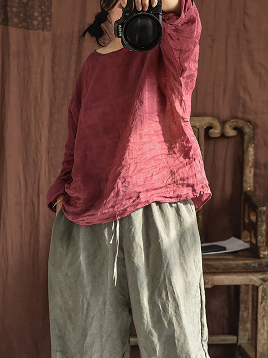 Women Summer Vintage Ramie O-Neck Blouse
