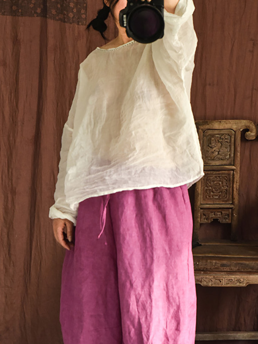 Women Summer Vintage Ramie O-Neck Blouse
