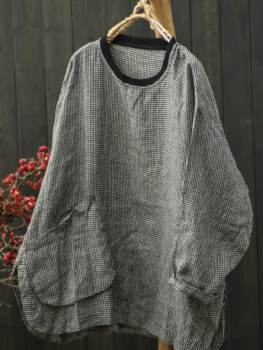 Plus Size Women Spring Retro Lattice O-Neck Linen Blouse