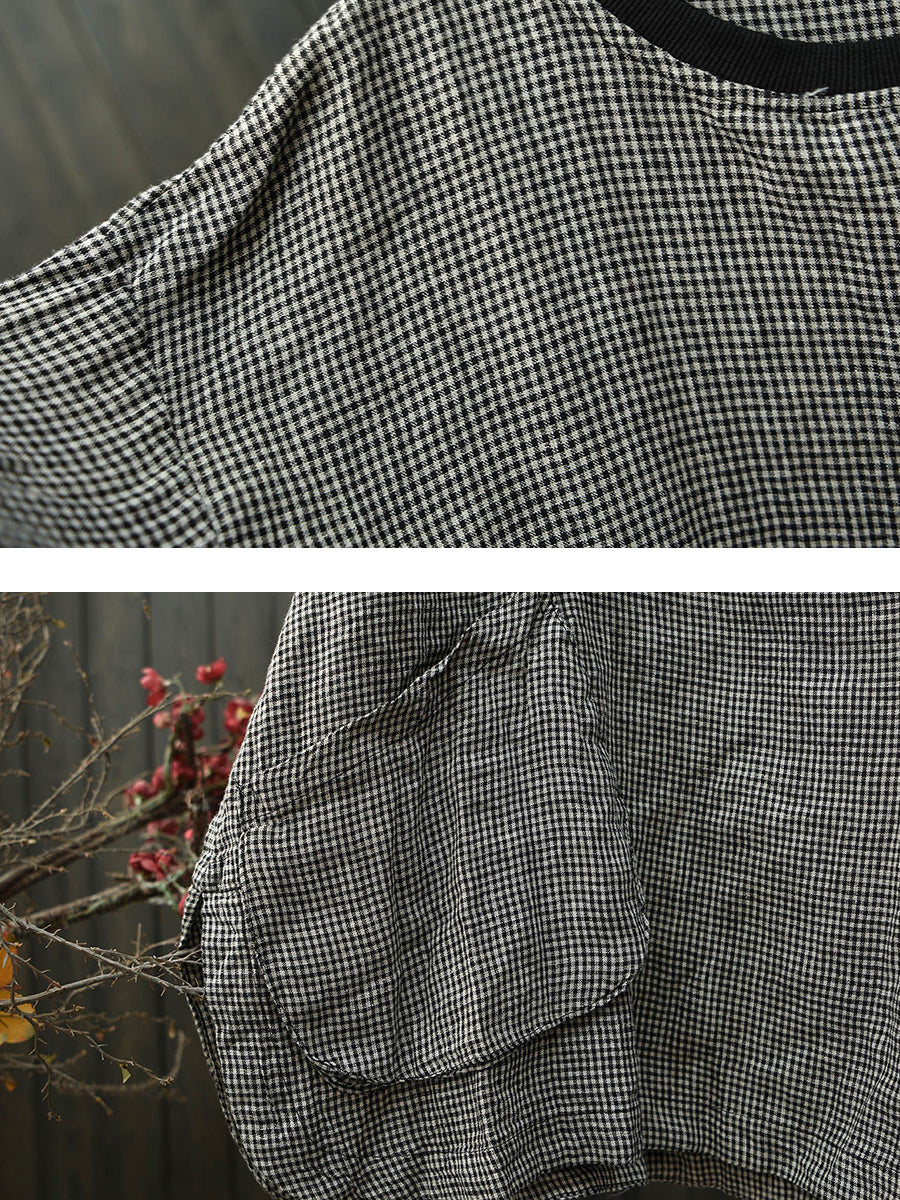 Plus Size Women Spring Retro Lattice O-Neck Linen Blouse