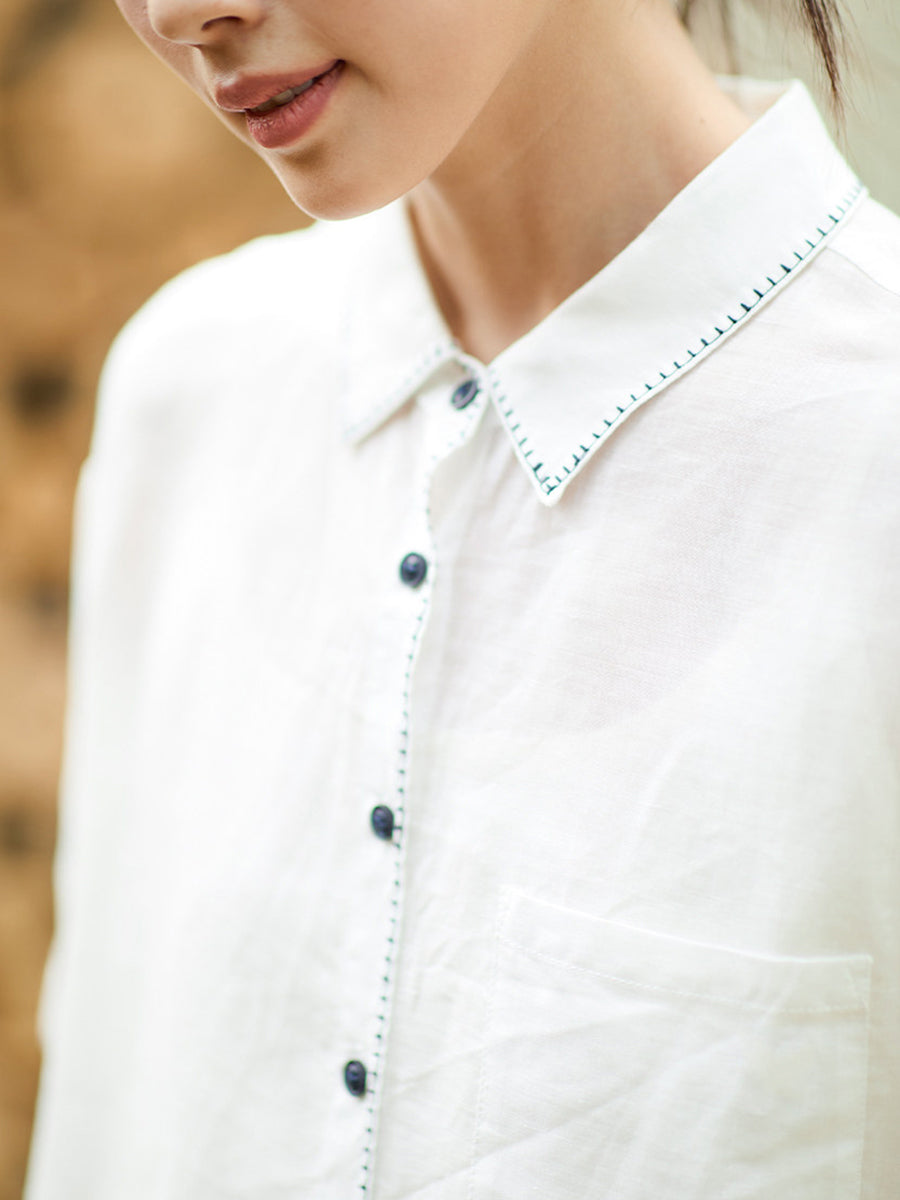 Plus Size Women Summer Artsy Ramie Turn-down Collar Shirt