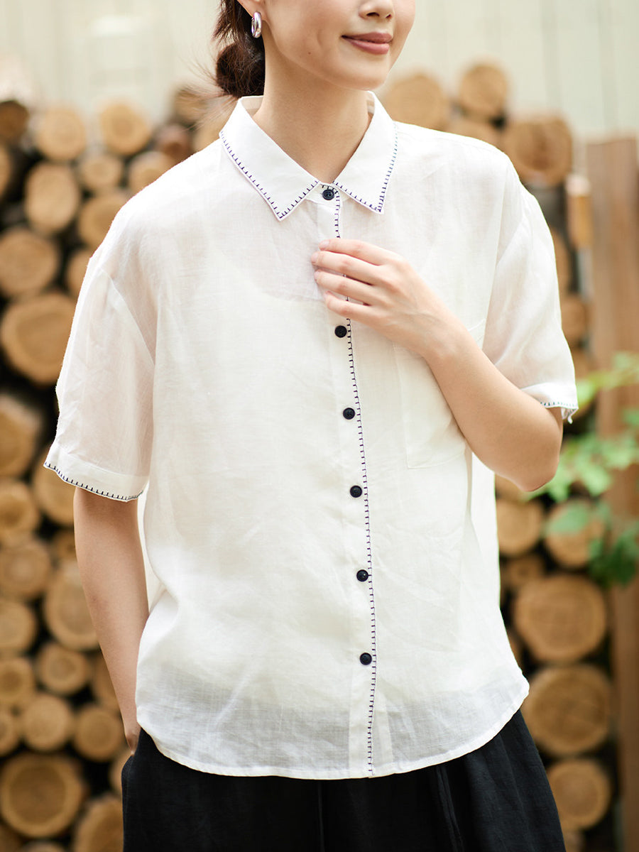 Plus Size Women Summer Artsy Ramie Turn-down Collar Shirt