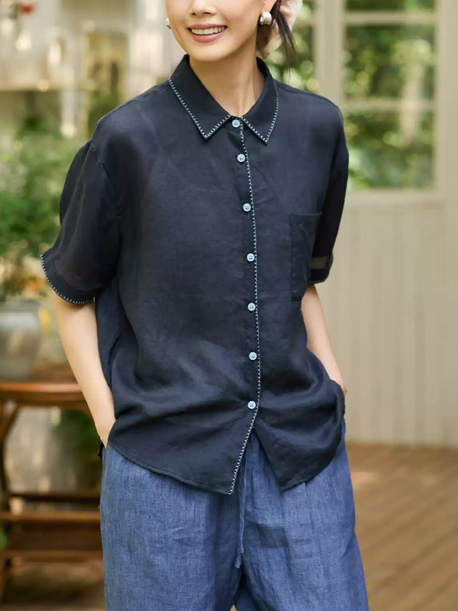 Plus Size Women Summer Artsy Ramie Turn-down Collar Shirt