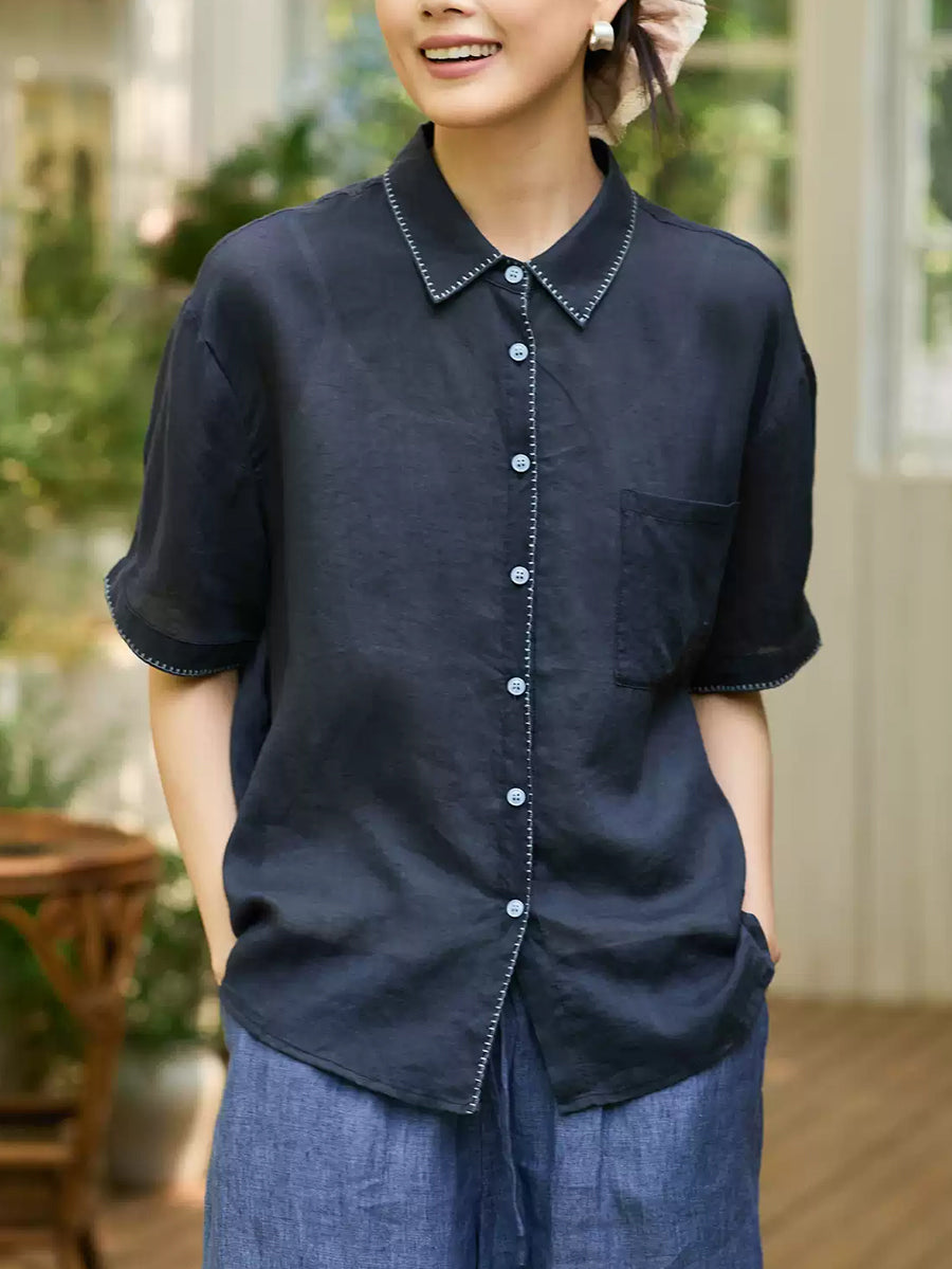 Plus Size Women Summer Artsy Ramie Turn-down Collar Shirt