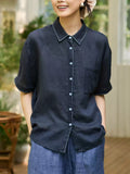 Plus Size Women Summer Artsy Ramie Turn-down Collar Shirt