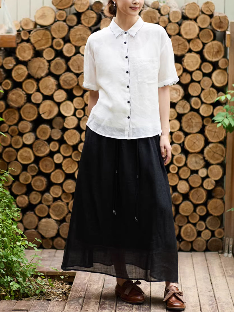 Plus Size Women Summer Artsy Ramie Turn-down Collar Shirt