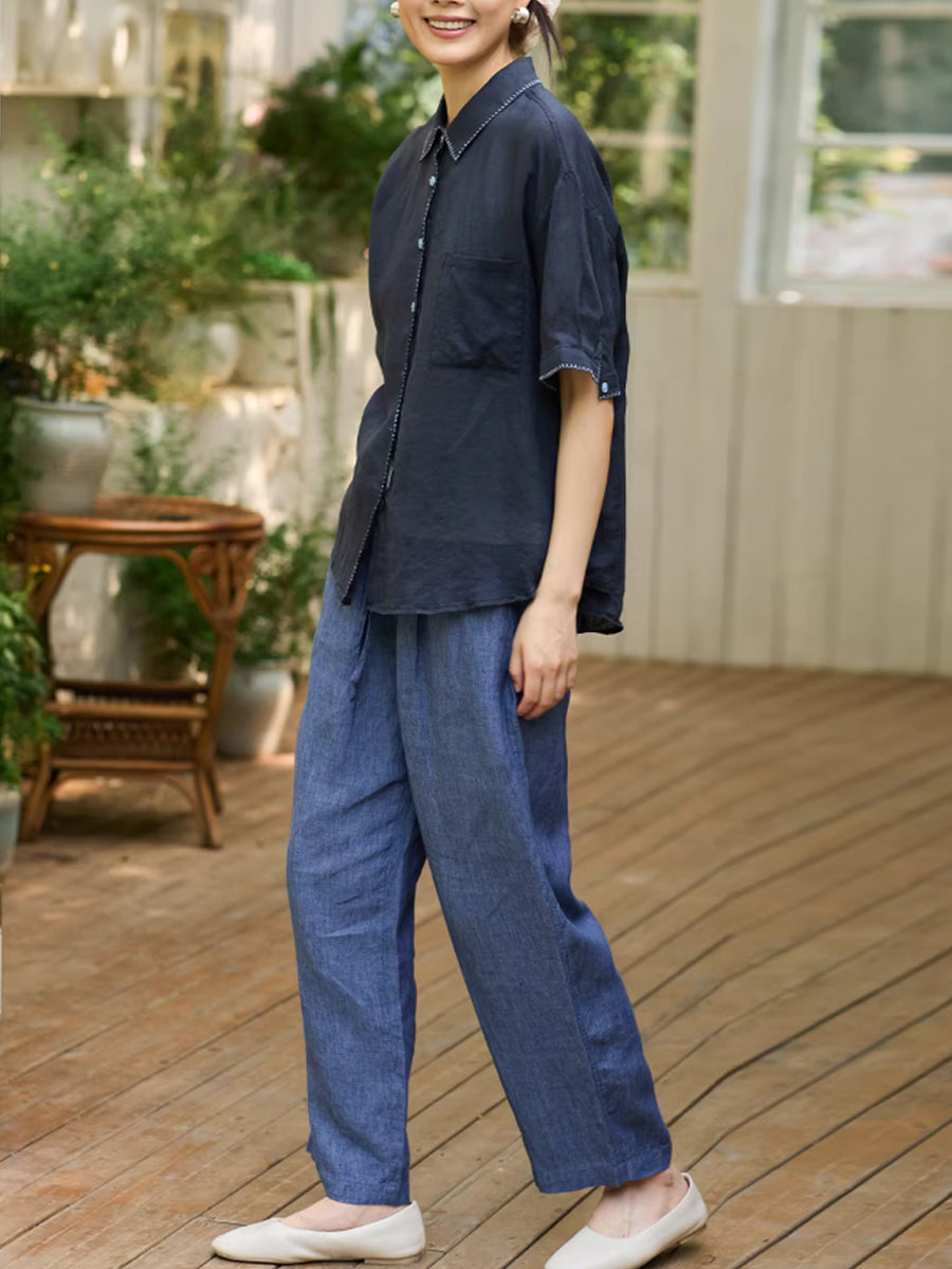 Plus Size Women Summer Artsy Ramie Turn-down Collar Shirt