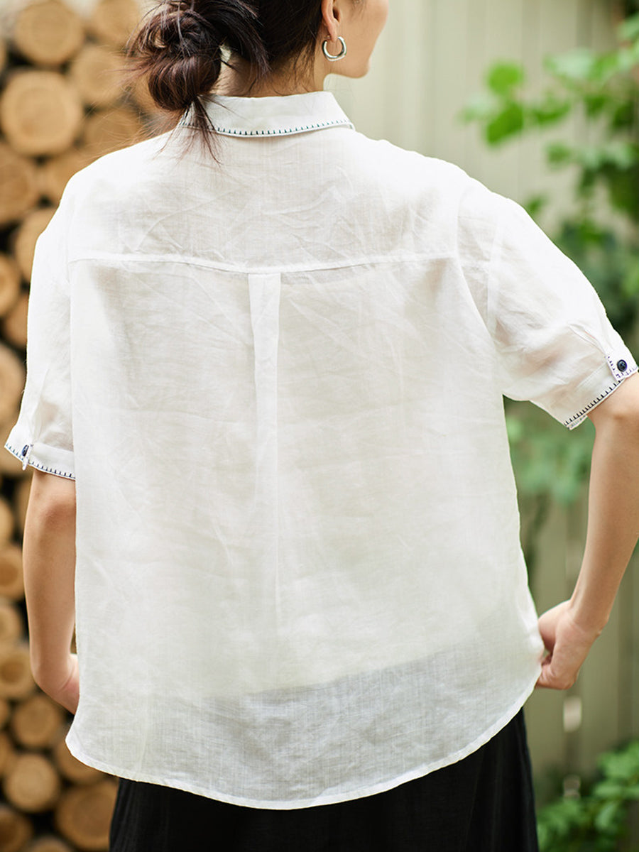 Plus Size Women Summer Artsy Ramie Turn-down Collar Shirt