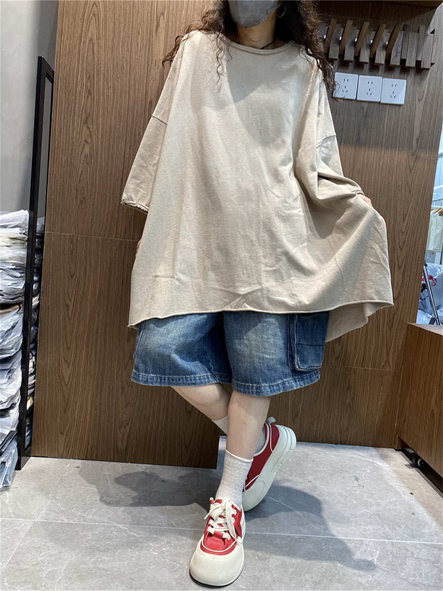 Plus Size Women Summer Artsy Pure Color Cotton O-Neck Blouse
