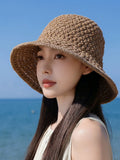 Women Summer Pure Color Weave Bucket Hat