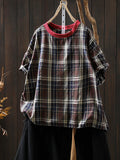 Plus Size Women Summer Vintage Plaid Cotton O-Neck Blouse