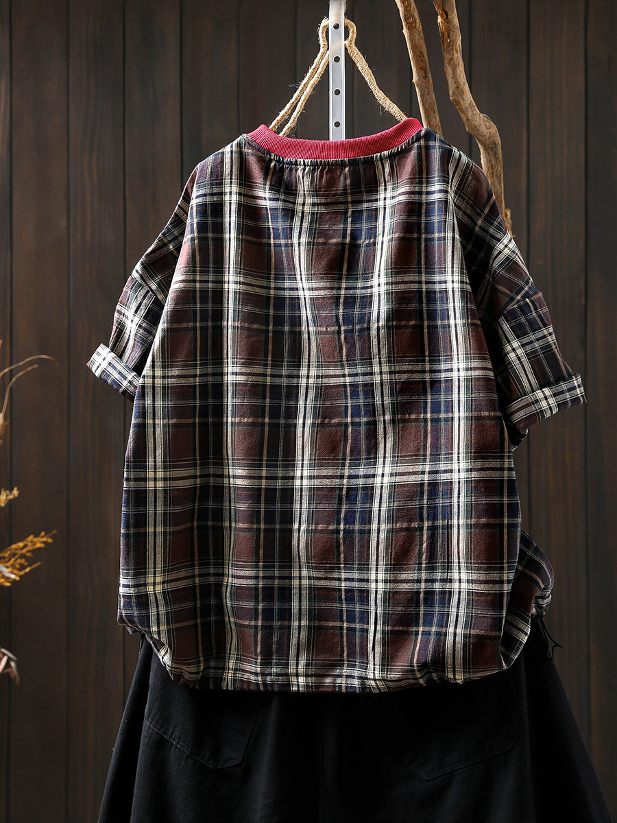 Plus Size Women Summer Vintage Plaid Cotton O-Neck Blouse