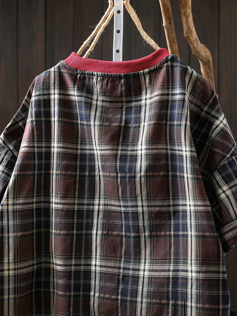 Plus Size Women Summer Vintage Plaid Cotton O-Neck Blouse