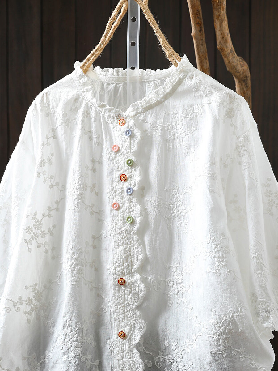 Plus Size Women Summer Artsy Flower Embroidery 100%Cotton Shirt