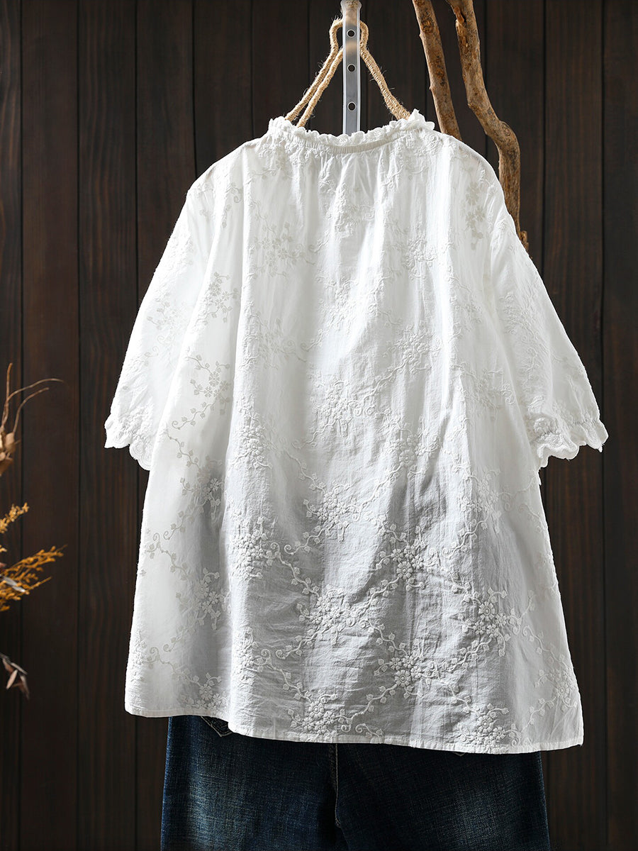 Plus Size Women Summer Artsy Flower Embroidery 100%Cotton Shirt