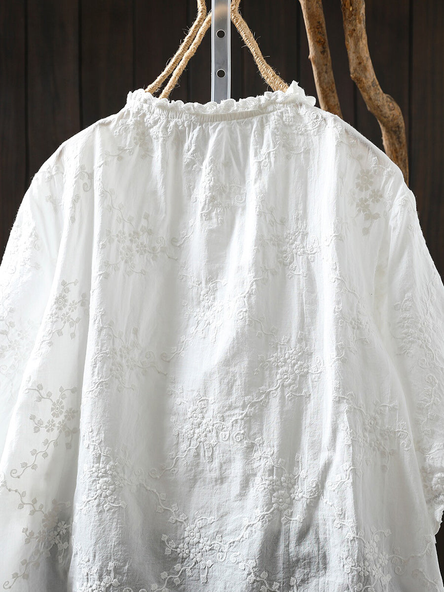Plus Size Women Summer Artsy Flower Embroidery 100%Cotton Shirt