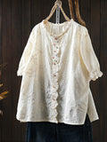 Plus Size Women Summer Artsy Flower Embroidery 100%Cotton Shirt