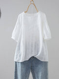 Plus Size Women Summer Artsy Jacquard O-Neck 100%Cotton Blouse