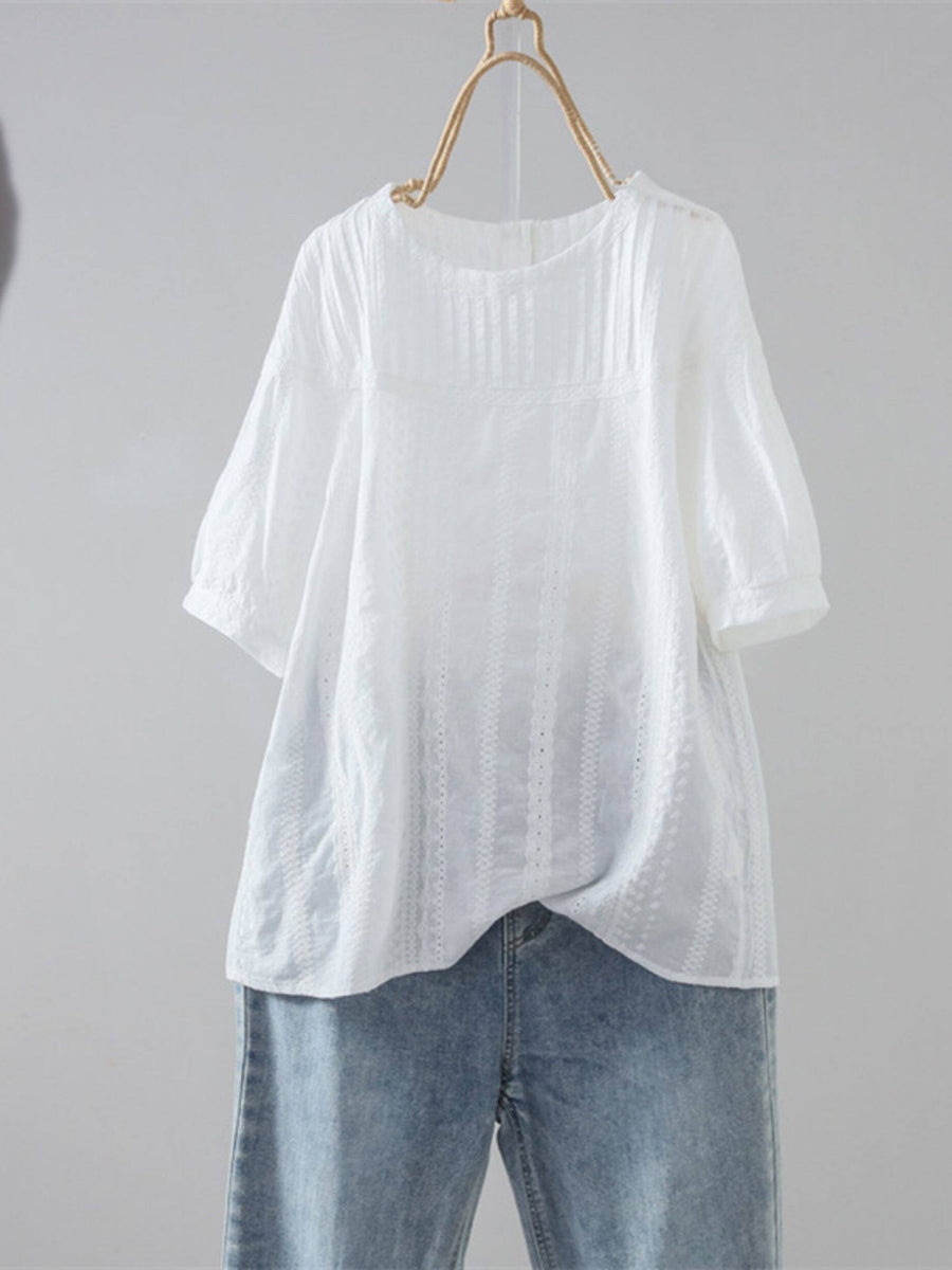 Plus Size Women Summer Artsy Jacquard O-Neck 100%Cotton Blouse