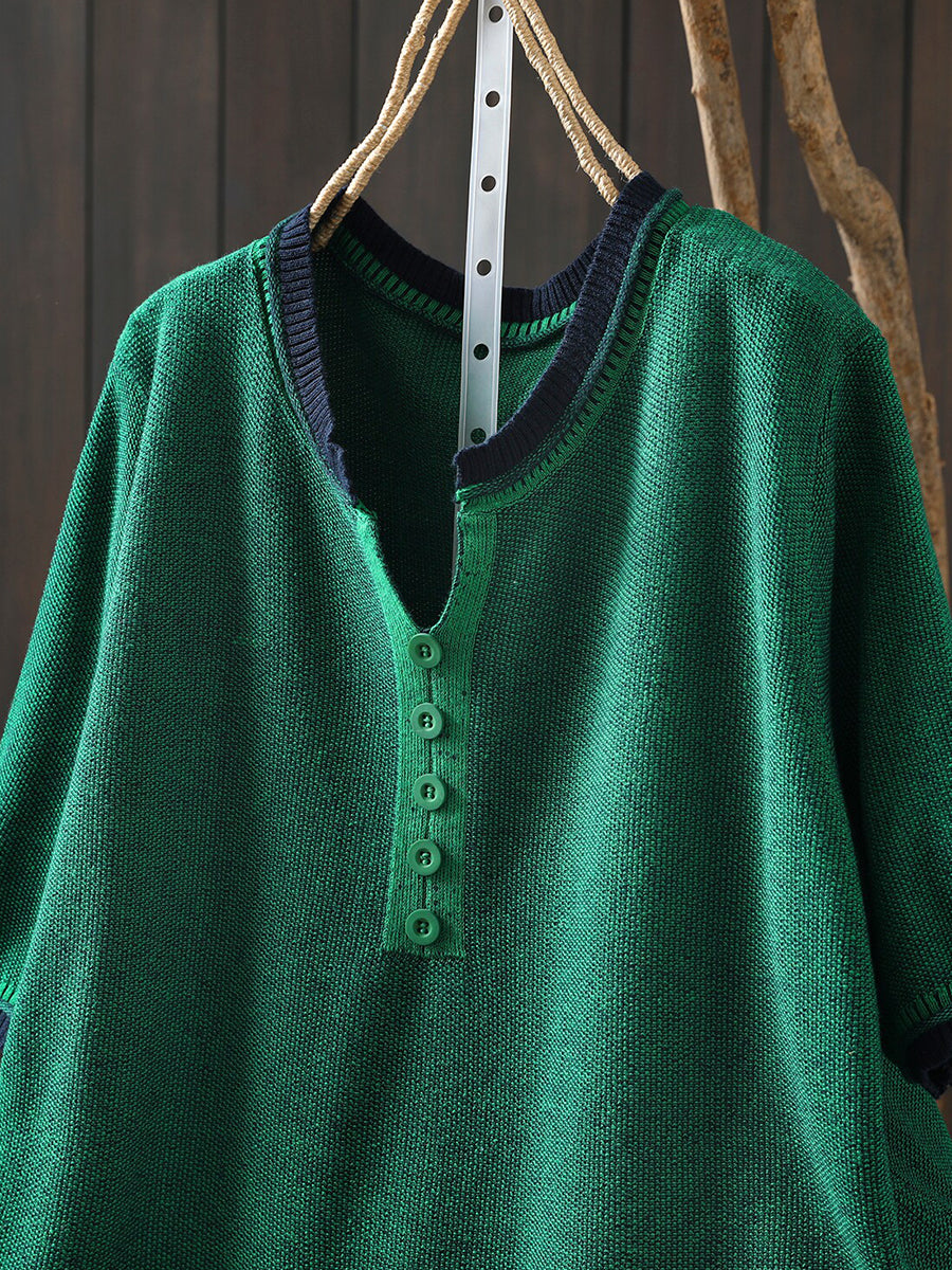 Women Summer Casual Pure Color V-Neck Blouse