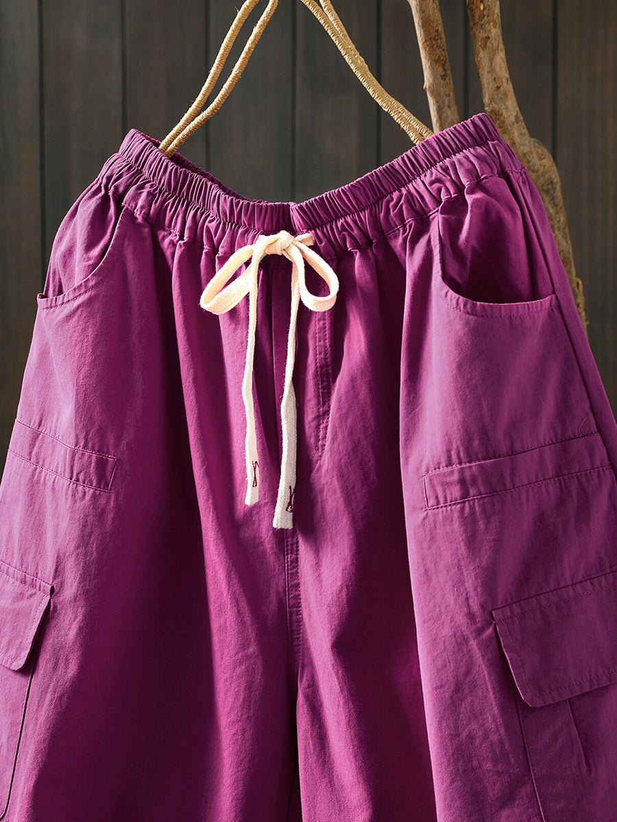 Plus Size Women Summer Casual Pure Color Cotton Capri Pants