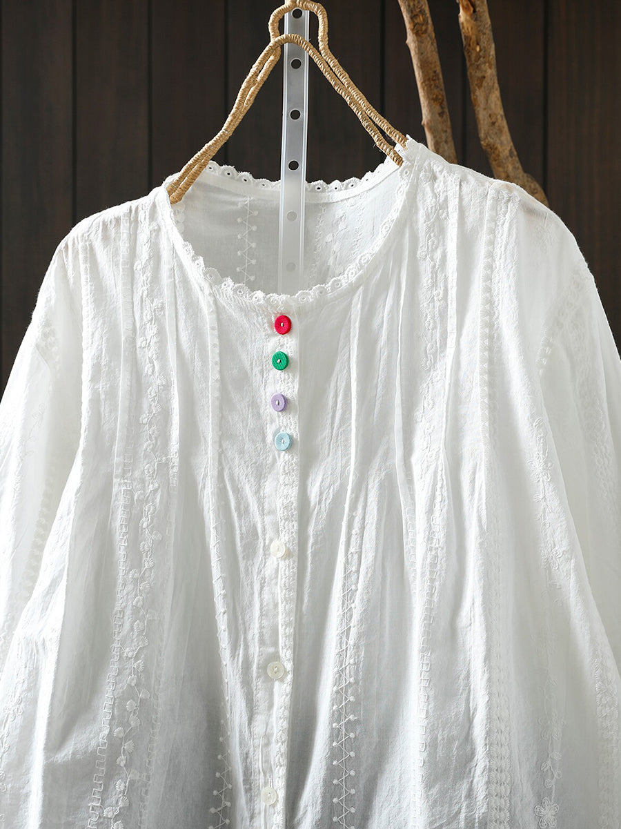 Plus Size Women Summer Artsy Embroidery 100%Cotton Shirt