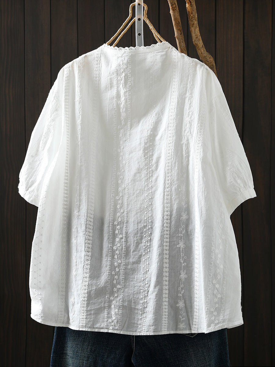 Plus Size Women Summer Artsy Embroidery 100%Cotton Shirt