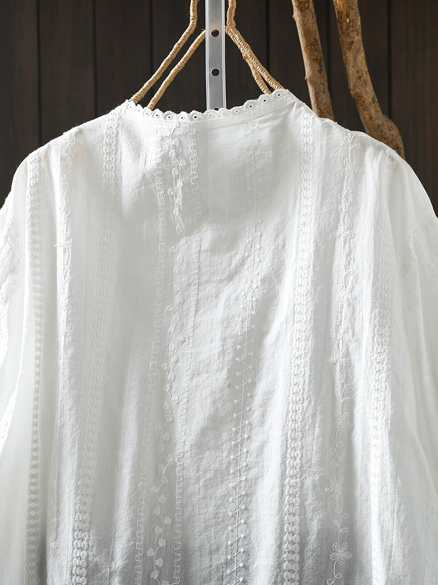 Plus Size Women Summer Artsy Embroidery 100%Cotton Shirt