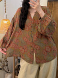 Women Spring Artsy Flower V-Neck Cotton Shirt