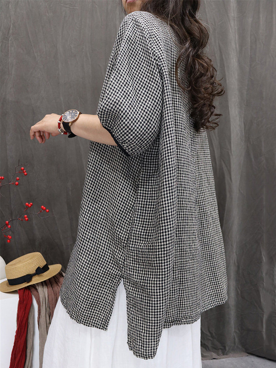 Plus Size Women Summer Artsy Plaid Cotton Linen Blouse