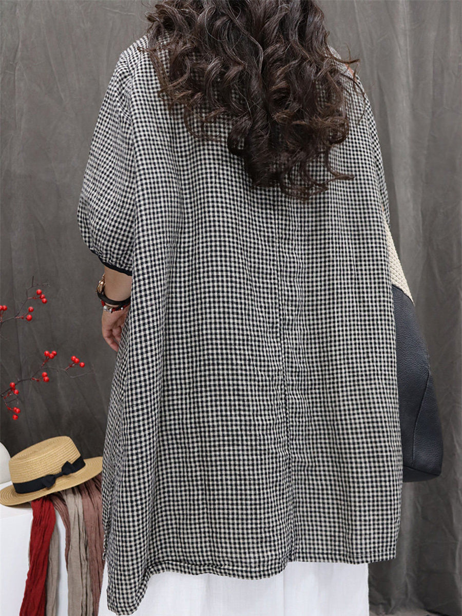 Plus Size Women Summer Artsy Plaid Cotton Linen Blouse