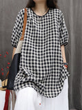 Plus Size Women Summer Artsy Plaid Cotton Linen Blouse